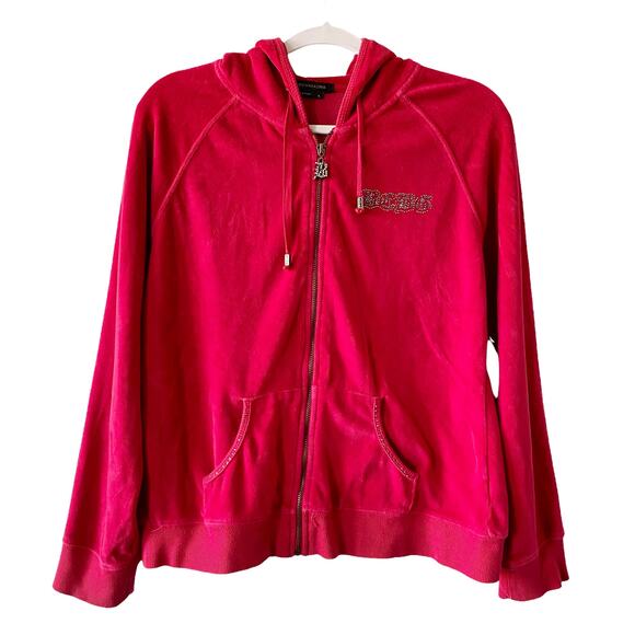 Vintage BCBGMAXAZRIA Red Velour Embellished Butterfly Y2K Zip Sweater - Picture 1 of 8